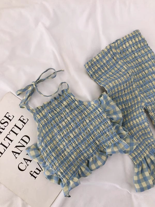 ชุดเซตเด็กผู้หญิงลายตาราง สายเดี่ยว+กางเกงขาบาน แฟชั่นหน้าร้อน